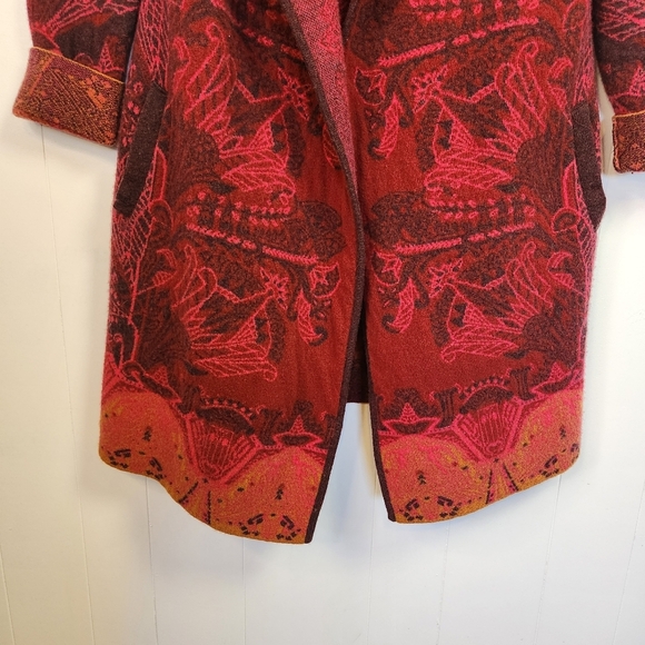 KOOI Knit Long Cardigan Sweater Red Draped Collar Lambswool Pockets Size Medium - Picture 5 of 13